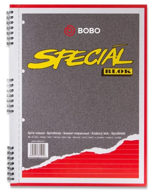 Kroužkový twin wire blok A4 Bobo Speciál - linkovaný, boční spirála, 50 listů Akce