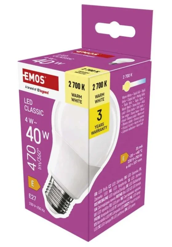 LED žárovka Classic - A60, 4 W, E27, teplá bílá Cenový Hit