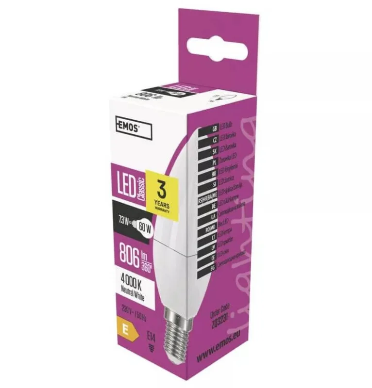 LED žárovka Classic - svíčka, 7,3W, E14, neutrální bílá - DOPRODEJ Výprodej