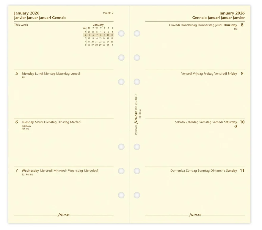 Náplň do diáře Filofax - osobní, týdenní kalendář, řádkový, krémový, 5 jazyků Ihned K Objednání