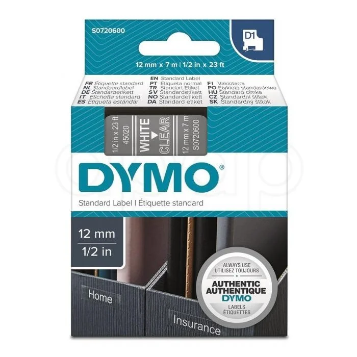 Dymo páska D1 12mmbílá na čiré 45020 Omezená Nabídka