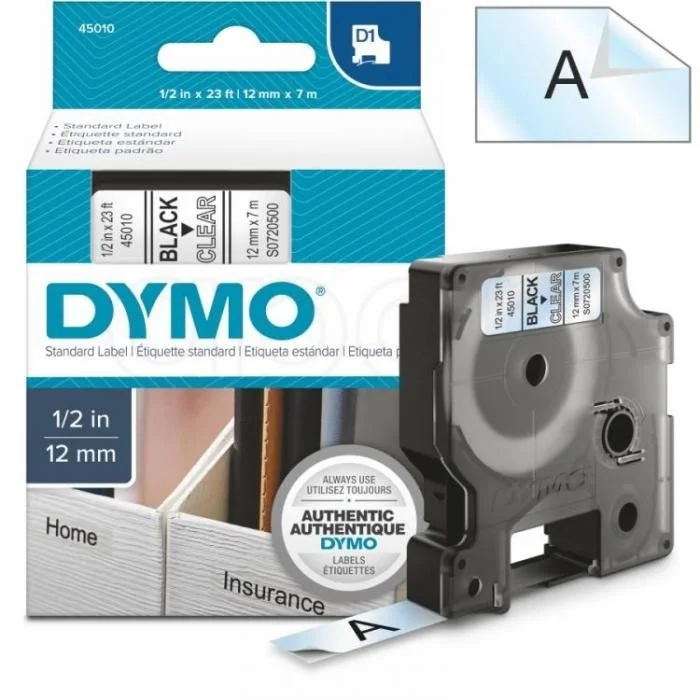Zlevněný Dymo páska D1 12mmčerná na čiré 45010