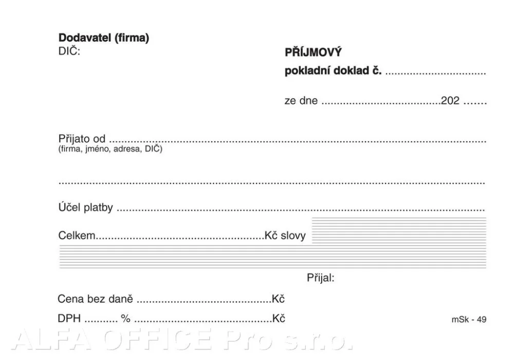 Dokud Zásoby Vydrží MSK 7400049 příjmový pokladní doklad nečíslovaný 100 listů NCR A6