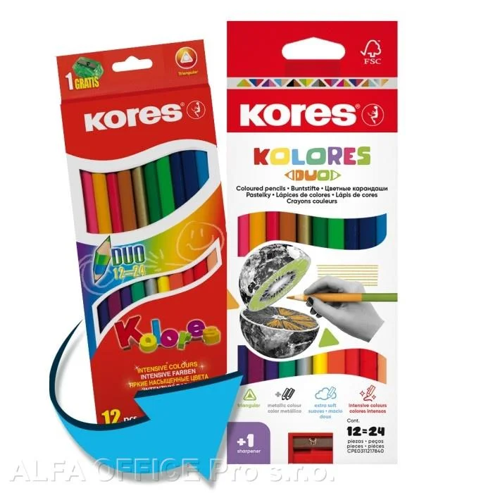 Pastelky Kores DUO trojhranné / oboustranné / 24 barev Novinka