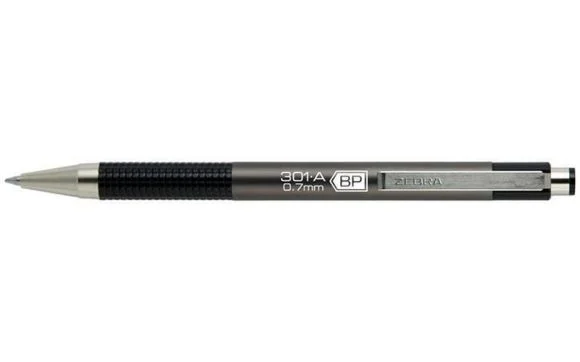 26341 Kuličkové pero F301, modrá, 0,24 mm, stiskací mechanismus, antracitové tělo, ZEBRA Vysoce Kvalitní